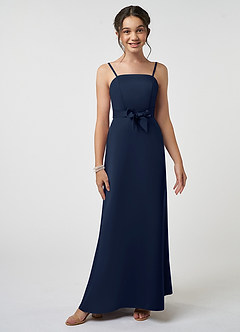 Azazie Anina Junior Dark Navy A-Line Bow Matte Satin Dress image2
