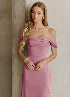 Azazie Saige Bridesmaid Dresses Vintage Mauve Sheath Off the Shoulder Stretch Satin Dress image2