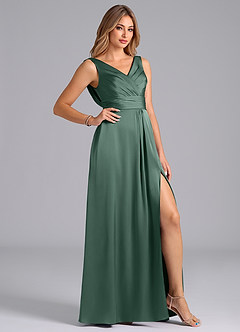 Azazie Karina Bridesmaid Dresses Eucalyptus A-Line Pleated Stretch Satin Dress image5