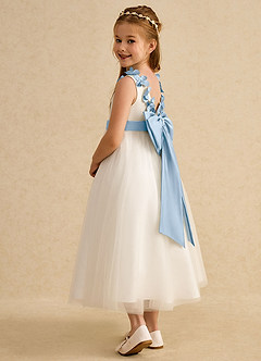 Azazie Lilli vestidos de niña de las flores Vestido Marfil Azul Polvoriento de Tul de Corte en A con Lazo image4