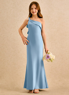 Azazie Almond Girls Formal Jurken voor bloemenmeisjes Kokerjurk Jurk van Stretch Satijn One-shoulder Poederblauw image4