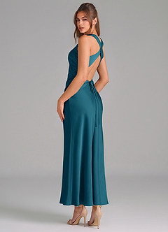 Azazie Evadne Vestidos de damas de honor Vestido de Azul Tinta de Satén Elástico de Corte Recto con Plisado image2