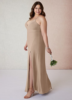 Azazie Becca Bridesmaid Dresses Taupe Sheath V-Neck Chiffon Dress image9