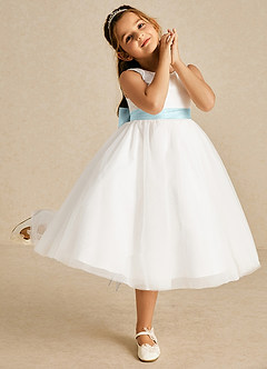 Azazie Kavi Flower Girl Dresses Ivory Mist A-Line Bow Matte Satin Dress image5