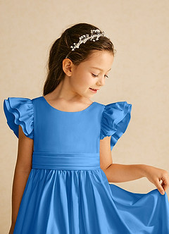 Azazie Piglette Flower Girl Dresses Blue Jay A-Line Bow Matte Satin Dress image3