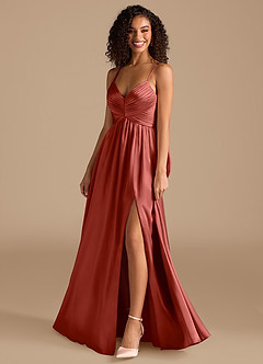 Azazie Alia Bridesmaid Dresses Terracotta A-Line Pleated Metallic Satin Dress image7