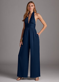 Azazie Oli Jurken voor bruidsmeisjes Jumpsuit van Stretch Satijn Geplooid Donkere Marine image4