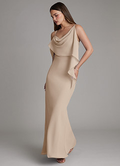 Azazie Yura Bridesmaid Dresses Taupe Mermaid Off the Shoulder Chiffon Dress image1