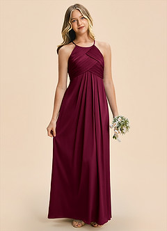 Azazie Ginny Junior Burgundy A-Line Pleated Stretch Satin Dress image4