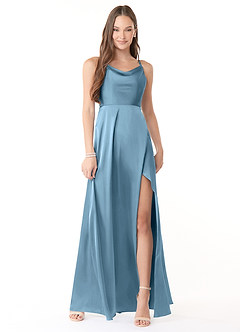 Azazie Naomie Final Sale Steel Blue A-Line Cowl Neckline Side Slit Stretch Satin Dress image1