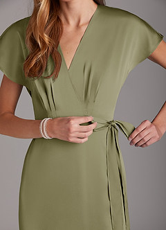Azazie Nico Bridesmaid Dresses Pistachio A-Line V-Neck Stretch Satin Dress image7