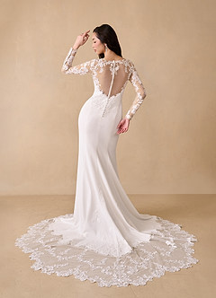 Azazie Mistie Wedding Dresses Diamond White Sand Mermaid V-Neck Sequins Stretch Crepe Dress image4