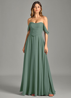 Azazie Chelsey Abiti da Damigella Abito Convertibile A-Line in Chiffon a Spalla Scoperta Eucalipto image6