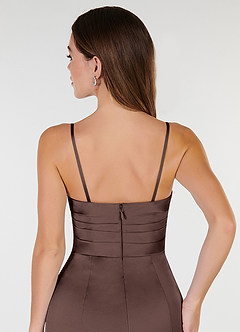 Azazie Yola At-home Try On Dresses Amethyst Sheath V-Neck Pleated Stretch Satin Convertible Dress image8