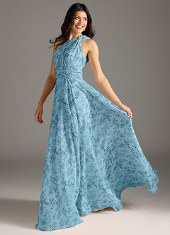Azazie Charlize Vestidos de damas de honor Vestido de Floral Helecho Azul de Gasa de Corte en A con Hombro unilateral image6
