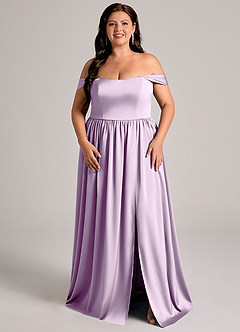 Azazie Calianna Bridesmaid Dresses Frosted Lilac A-Line Off the Shoulder Stretch Satin Convertible Dress image6