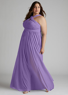 Azazie Hillian Vestidos de damas de honor Vestido de Tahití de Malla de Corte en A con Halter Plisado image10