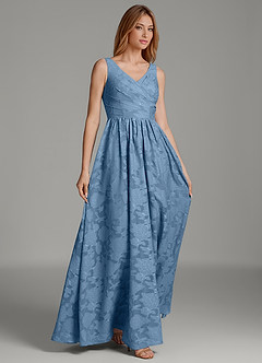 Azazie Keyla At-home Try On Dresses Steel Blue A-Line Pleated Floral Burnout Dress image4