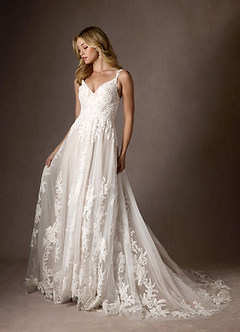 Azazie Delaina Wedding Dresses Diamond White Caramel A-Line V-Neck Sequins Tulle Dress image2