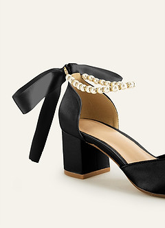 front Satin Pearl and Bow Pointed Toe Block Heels