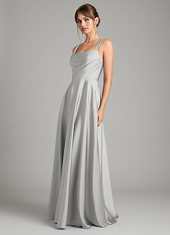 Azazie Shaude Bridesmaid Dresses Silver A-Line Pleated Stretch Satin Dress image5