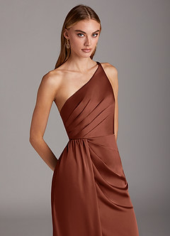 Azazie Mika Bridesmaid Dresses Clay Sheath One Shoulder Stretch Satin Dress image7