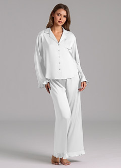 front Ruffled Satin Long Sleeve Pajama Set