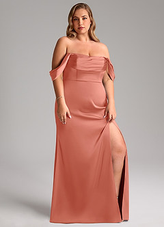Azazie Saige Abiti da Damigella Abito Tubino in Raso Elasticizzato a Spalla Scoperta Salmone Rosa image13