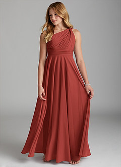 Azazie Charlize Junior Terracotta A-Line Mesh Dress image4