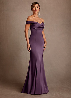 Azazie Boone Mother of the Bride Dresses Plum Mermaid Off the Shoulder Stretch Satin Dress image1