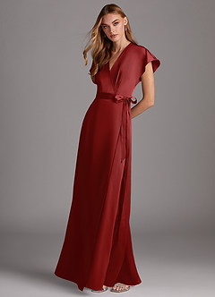 Azazie Nico Bridesmaid Dresses Pomegranate A-Line V-Neck Stretch Satin Dress image4