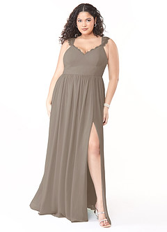 Azazie Cleobella Robes de demoiselle d'honneur Robe Trapèze en Mousseline de soie Dentelle en forme de cœur Taupe image8