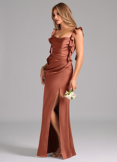 Azazie Jessamine Bridesmaid Dresses Clay A-Line Corset Stretch Satin Dress image5