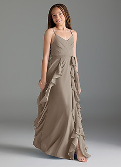 Azazie Peyton Junior Taupe A-Line V-Neck Cascading Ruffles Chiffon Dress image3