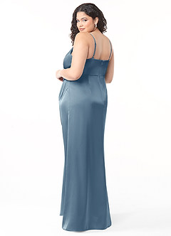 Azazie Maci Brautjungfernkleider A-Linie V-Hals Gefaltet Stretch-Satin Kleid Staubblau image8