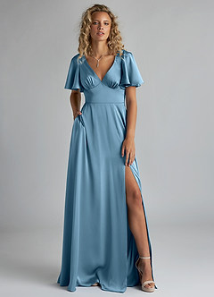 Azazie Kimber Bridesmaid Dresses Steel Blue A-Line Ruched Stretch Satin Dress image1
