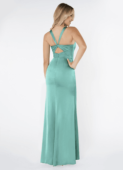 Azazie Mero Bridesmaid Dresses Aqua Sheath Pleated Stretch Satin Dress image3