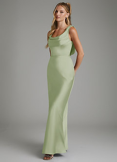Azazie Elena At-home Try On Dresses Dusty Sage Mermaid Pleated Stretch Satin Dress image5