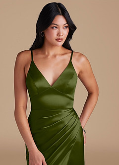 Azazie Shania Bridesmaid Dresses Olive Sheath Pleated Metallic Satin Dress image3