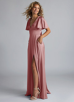 Azazie Kimber Robes de demoiselle d'honneur Robe Trapèze en Satin extensible Rayé Rose Poussiéreuse image6