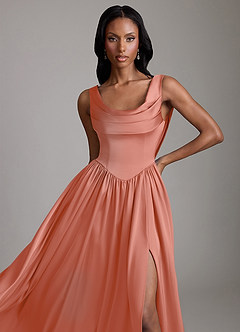 Azazie Novi Bridesmaid Dresses Salmon Pink A-Line with Pockets Stretch Satin Dress image3