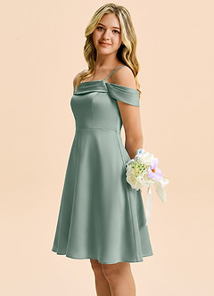 Azazie Anselie Junior Robe Trapèze en Satin extensible Épaules dénudées Sauge D'argent image6