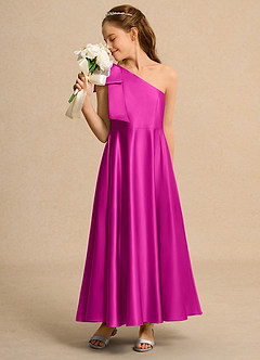 Azazie Guppy Girls Formal Flower Girl Dresses Fuchsia A-Line One Shoulder Matte Satin Dress image4