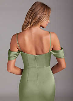Azazie Saige Bridesmaid Dresses Pistachio Sheath Off the Shoulder Stretch Satin Dress image8