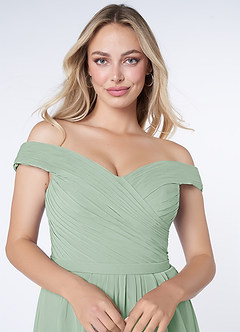 Azazie Audrianna Bridesmaid Dresses Agave A-Line Off-The-Shoulder Gathered Chiffon Convertible Dress image5