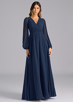 Azazie Palerma Robes de demoiselle d'honneur Robe Trapèze en Mousseline de soie Manche longue Bleu Marine Foncé image1