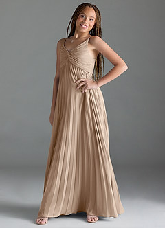 Azazie Raychelle Junior Taupe A-Line Pleated Chiffon Dress image3