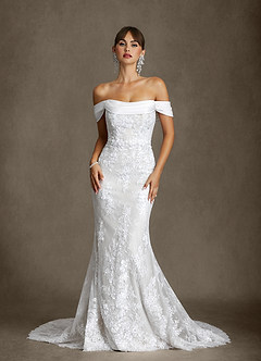 Azazie Harrah At-home Try On Dresses Diamond White Mermaid Off the Shoulder Lace Dress image6