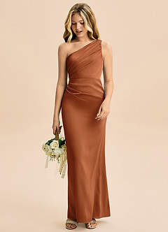 Azazie Akilah Junior Copper Sheath Pleated Stretch Satin Dress image3