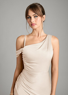 Azazie Madelyn Vestidos de damas de honor Vestido de Alabastro Blanco de Satén Elástico de Corte Sirena Convertible con Hombro unilateral image3